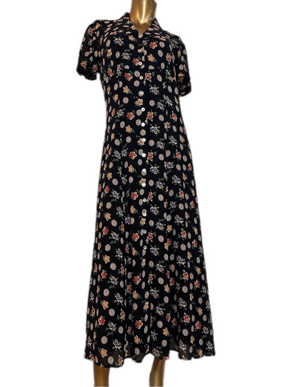 Vintage Donna Ricco New York Rayon Floral Maxi Dress Button Front Tie Back, 10